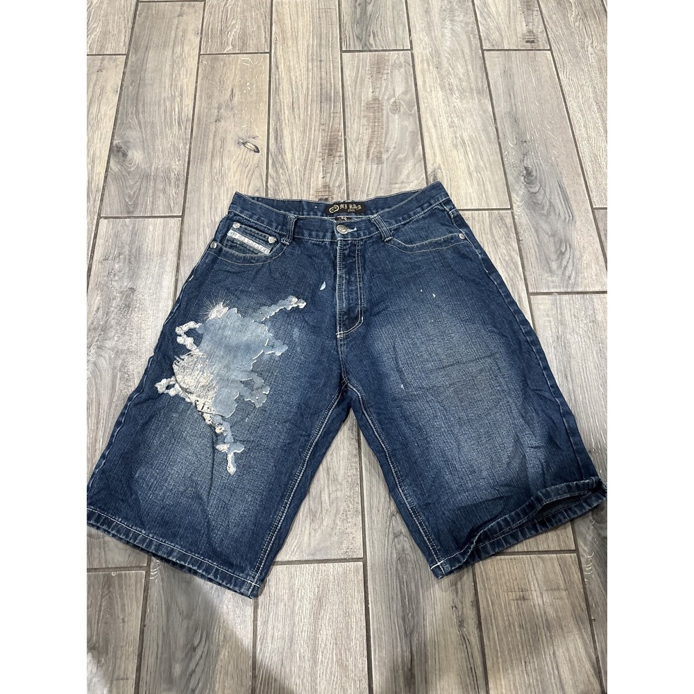 MI KALA FIEL Men's Baggy Denim Shorts Size 34 Blue Embroidered Cross Y2K Hip Hop